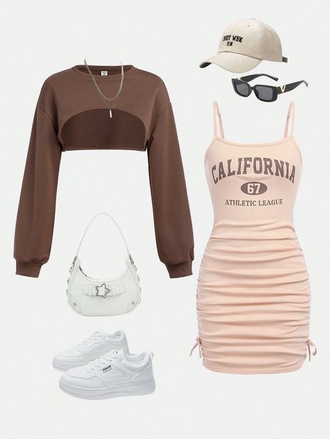 Teen Girl Knitted Solid-Colored Cropped Sweatshirt And Ruched Strap Dress Set With Letter Print Pattern Khaki Casual    Letter  Medium Stretch  Teen Girls Clothing, size features are:Bust: ,Length: ,Sleeve Length: