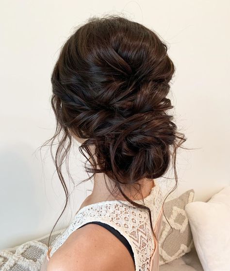 Wedding Bridal Bun Hairstyles, Loose Low Wedding Hair, Brunette Updo Front View, Dark Hair Low Bun Wedding, Brunette Wedding Updo Low Buns, Updo For Maternity Pictures, Dark Brown Wedding Hair Updo, Dark Long Hair Updo, Low Messy Bun Wedding Hair Brunette