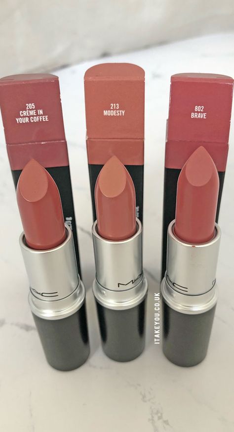 Brave Mac Lipstick, Creme In Your Coffee Mac Lipstick, Creme Cup Mac Lipstick, Mac Creme In Your Coffee, Mac Brave Lipstick, Mac Modesty Lipstick, Mac Modesty, Mac Makeup Lipstick, Mac Nude Lipstick