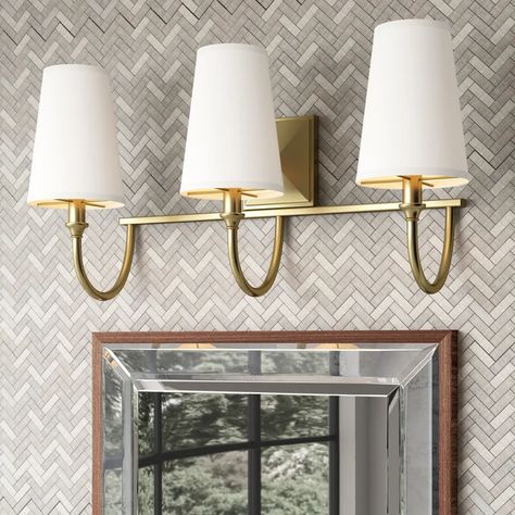 Greyleigh™ Payson 3 - Light Dimmable Vanity Light & Reviews | Wayfair Brass Vanity Light, Gold Bathroom, Bathroom Light Fixtures, Steel Design, Single Bathroom Vanity, Diffused Light, Bathroom Vanity Lighting, Vanity Light, House Of Hampton