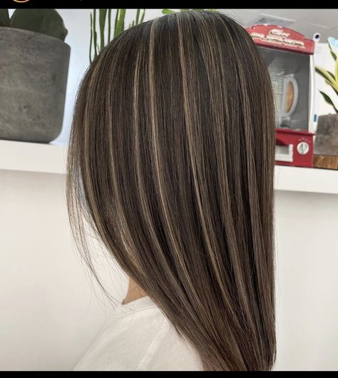 Straight Highlights Brown Hair, Thick Streaks Highlights, Hair Hailaits, Light Brown Hair Streaks, Dark Hair Inspo With Highlights, Shiny Brown Hair Color, Blonde Highlights For Dark Brown Hair Straight, Light Streaks Hair, Light Streaks In Brown Hair