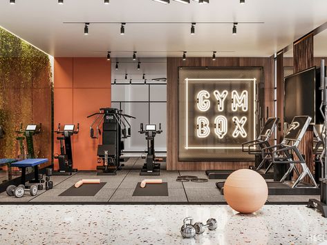 Boutique Gym Design, Gym Decor Ideas, Gym Decorating Ideas, Gym At Home Ideas, Mini Gym At Home, Living Room Gym, Mini Gym At Home Ideas, Fitness Center Design, Boutique Gym