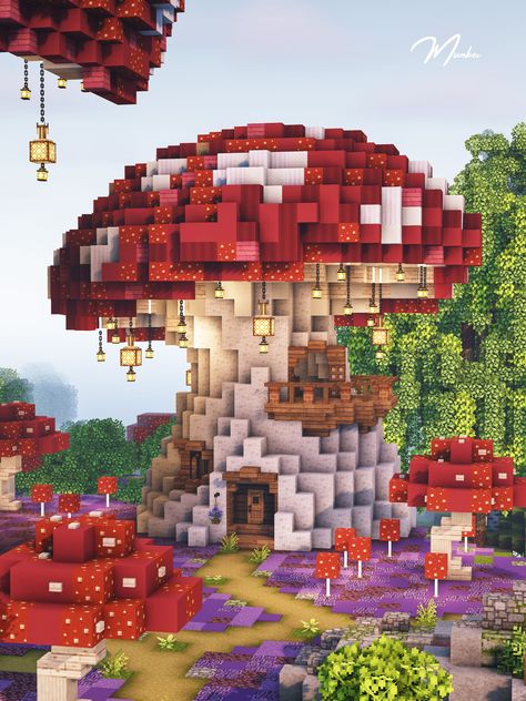 Minecraft Fairy Build Ideas, Fairytale Builds Minecraft, Minecraft House Ideas Mushroom, Mincraft Idea Mushroom, Minecraft Giant Mushroom House, Pink Mushroom Minecraft, Fairyland Minecraft, Minecraft Chain Ideas, Minecraft Twilight Forest Portal Ideas