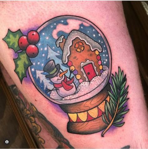 Christmas Wreath Tattoo, Christmas Tree Tattoo Ideas, Christmas Themed Tattoos, Christmas Traditional Tattoo, Xmas Tattoo Design, Snow Globe Tattoo Ideas, Christmas Theme Tattoo, Snow Globes Tattoo, Christmas Snow Globe Tattoo