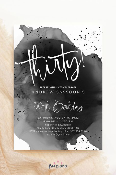 Self-editable 5x7" invite - follow the link for details and free demo! ♦ Easily edit online in your browser then download and print or send digitally ♦ Thirty! Dress up and welcome sophistication to a black-tie dinner party, beginning the celebration with this smart 30th birthday invitation ♦ #blacktieparty #blackwhitebirthday #allblackparty #30thbirthdayinvite #elegantmensinvite #menseditableinvite #blackwhitelunch #mens30thbirthday #dinnerpartyinvite #30thinvitations Black Tie 30th Birthday Party, 30th Birthday Invites For Men, Black And White 30th Birthday, Black And White Themed Party, Black Tie Dinner Party, 21st Birthday Dinner, 30th Invitation, 21st Invitations, 18th Party Ideas