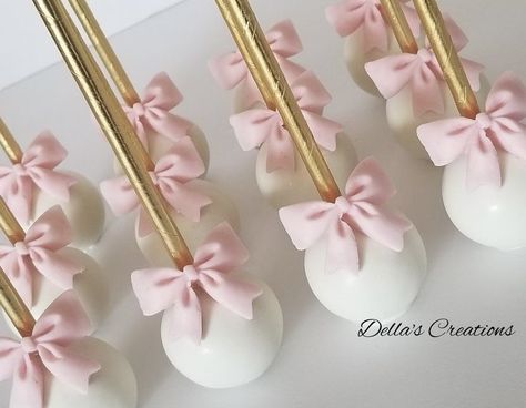 Ballerina Dessert Table, Pink Cakepops Ideas, Baby Shower Girl Bow Theme, Pink Bow Desserts, Pink Bow Cupcakes, Winter Cake Pop Ideas, Cake Pops For Baby Shower Girl, Bow Food Ideas, Pink Baby Shower Cake Pops