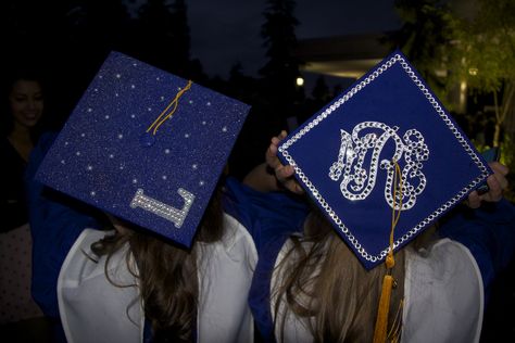 Me & my friend bedazzled our grad caps, I monogrammed mine as well <3 Random Diys, Graduation Cap Decoration Diy, Blue Graduation, Grad Caps, Graduation Cap Designs, Cap Ideas, Graduation Cap Decoration, Cap Decorations, Cap Designs