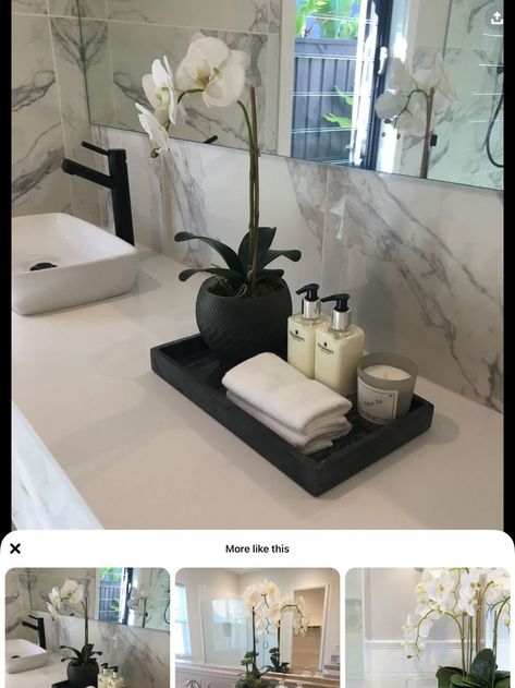 Bathroom Sink Decor Ideas Modern, Over Tub Decor Ideas, Tray For Center Table, Decor For Either Side Of Tv, Black Metal Tray Decor, Modern Chic Bathroom Decor, Cool Tones Bathroom, Simple Elegant Apartment Decor, Bathroom Body Wash Storage