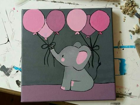 Acrilyc Paintings Ideas Simple, Easy Elephant Painting Simple, Cute Elephant Canvas Paintings, Painting Ideas On Canvas For Nursery, Birthday Paintings On Canvas, Nursery Paintings Canvas Acrylic, Pink Elephant Painting, Cute Elephant Painting Acrylic Easy, Small Elephant Painting