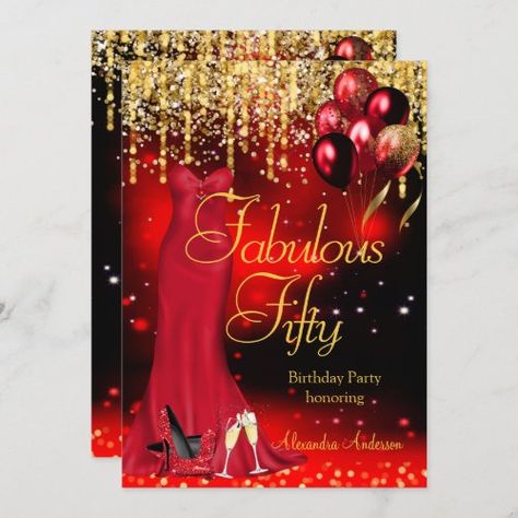 $2.95 | Fabulous 50 Party Red Glitter Gold Heels Dress #birthday, fabulous, glitter, gold, birthday party, balloons, high heels, champagne, dress, red Christmas Party Host, 50 Party, Fabulous 50, Happy 80th Birthday, Christmas Holiday Party, 50th Birthday Invitations, Gold Birthday Party, 50th Party, Heels Dress