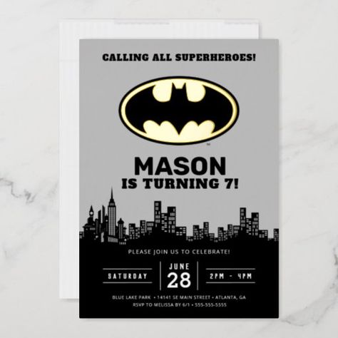 Batman Birthday Invite, Batman Themed Birthday Party, Batman Gotham City, Batman Invitations, Superhero Birthday Invitations, Batman Theme, Batman Birthday Party, Birthday Cartoon, Batman Party