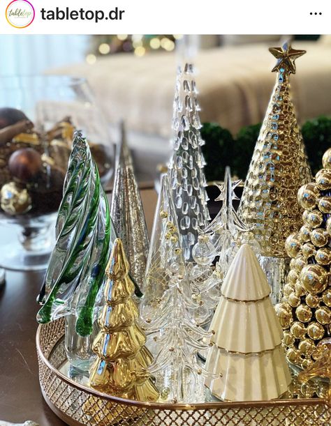 Glass Tree Decor, Glass Christmas Trees Display, Christmas Coffee Table Decor, Glass Trees, Christmas Tree Collection, Christmas Vignettes, Crystal Christmas Tree, Christmas Time Is Here, Office Christmas