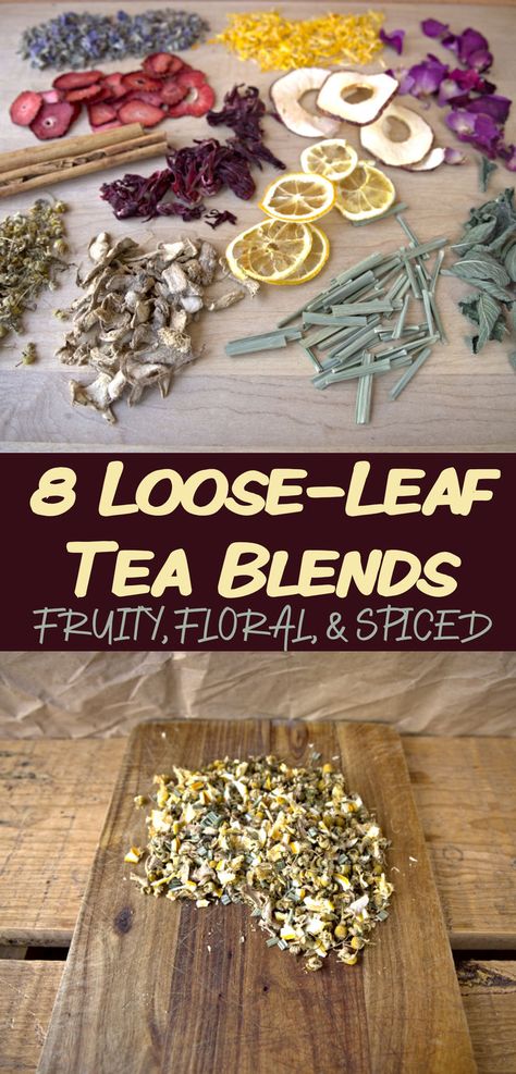 Homemade loose-leaf tea blends using homegrown or store-bought ingredients Tea Recipes Homemade, Loose Tea Recipes, Tea Recipes Loose Leaf, Herbal Tea Recipes Homemade, Loose Leaf Tea Blends, Tea Blends Recipes, Herbal Tea Garden, Tea Drink Recipes, Herbal Remedies Recipes