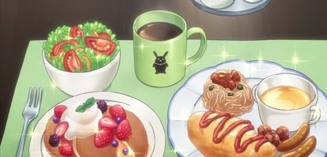 Anime Breakfast Food, Anime Breakfast, Pork Pizza, Spaghetti Chicken, Chicken Hot Dog, Tofu Steak, Spicy Seafood, Japanese Food Illustration, Anime Bento