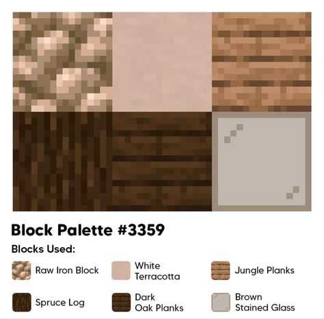 Jungle Wood Color Palette Minecraft, Minecraft Nation Ideas, Cottagecore Minecraft Pallet, Jungle Wood Block Pallete Minecraft, Block Pallet Ideas Minecraft Spruce, Aesthetic Minecraft Block Combinations, Dark Oak Color Palette Minecraft, Block Palate Minecraft, Spruce Wood Color Pallet Minecraft