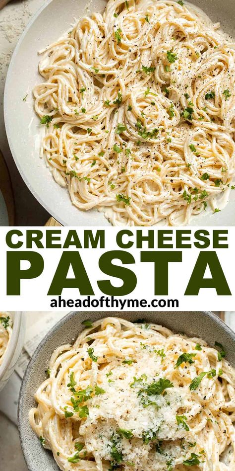 This Cream Cheese Pasta is simple, creamy, and so delicious. Adding cream cheese is the secret to the creamiest, easiest pasta ever. As the cream cheese melts and cooks with the starchy pasta water, it turns into a glossy sauce that coats each noodle with a rich, tangy flavor. This easy cream cheese pasta is ready in just 15 minutes from start to finish and is about to be your new best friend on those busy weeknights! | aheadofthyme.com #creamcheesepasta #cheesepasta #cheesypa via @aheadofthyme Easy Cream Cheese Sauce For Pasta, Cream Cheese Garlic Pasta, Easy Creamy Garlic Pasta, Lemon Cream Cheese Pasta, Cream Cheese Recipes Pasta, Pasta With Cream Cheese Sauce, Uses For Cream Cheese, Dinner Ideas With Cream Cheese, Dinners With Cream Cheese