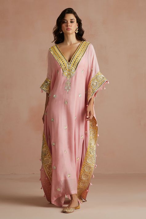 Buy Pink Kaftan Pure Muslin Embroidered Floral V Neck Gota For Women by Sureena Chowdhri Online at Aza Fashions. Latest Kaftan Designs, Sureena Chowdhri, Kaftan Sleeves, Pink Kaftan, V Neck Kaftan, Kaftan Design, Gota Embroidery, Kaftan Pattern, Kaftan Styles