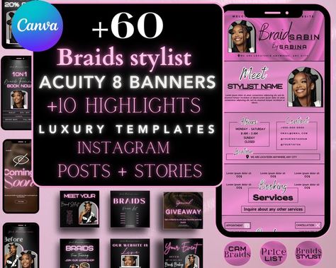 Braids stylist Instagram templates post, story, Highlights cover | braider acuity scheduling website | braiding Flyer, braiders social media, braider sale flyer, braid ads promotion. ------------------------------ Enhance your social media presence with our comprehensive set of +60 Braids Stylist Instagram Templates. Perfect for braiders looking to make a lasting impression, this bundle includes posts, stories, and highlights covers, all designed to elevate your brand. These templates are tailor Story Highlights Cover, Stylist Instagram, Free Business Logo, Best Website Templates, Story Highlight Cover, Highlights Cover, Website Template Design, Create Graphics, Social Media Games