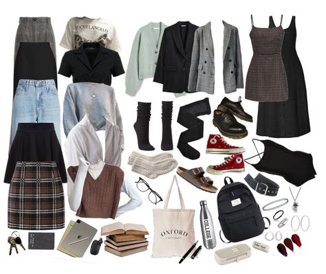 Dark Academia Aesthetic Capsule Wardrobe, Dark Academia Closet Essentials, Dark Academia Staple Pieces, Dark Academia Capsule Wardrobe Summer, Grunge Wardrobe Capsule, Dark Academia Outfit Basics, Dark Capsule Wardrobe, Capsule Wardrobe Academia, Dark Academia Outfit Spring