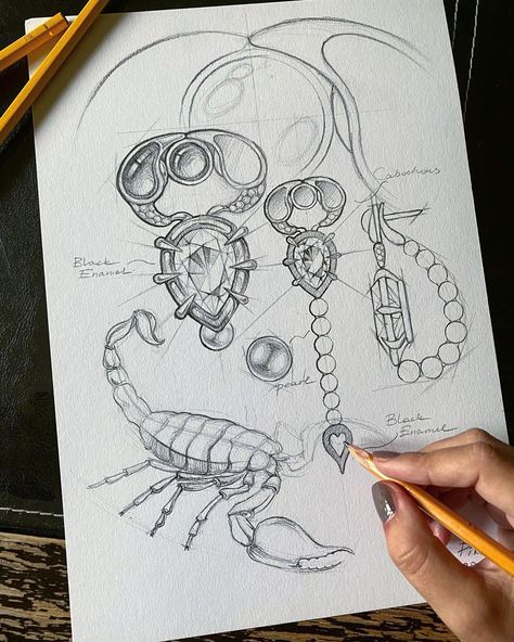 Jewelry Sketches Design, Accessory Design Sketches, Jewelry Art Drawing, Jewelry Design Sketch Drawings, Jewelry Sketch Design, Jewelry Design Portfolio, Jewelry Design Sketch, Scorpion Jewelry, Jewelry Drawings