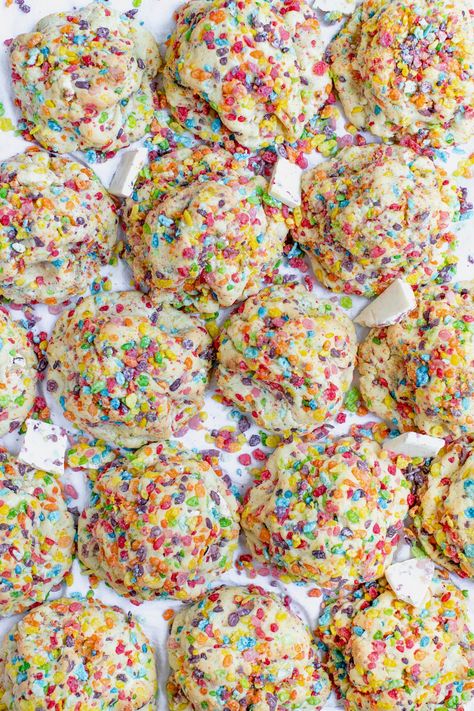 Fruity Pebble Cookies • (recipe with video) • Kroll's Korner Fruity Pebble Cookies, Levain Cookies, Fruity Pebble, Fruity Pebbles Cereal, Confetti Cookies, Pebbles Cereal, Cereal Cookies, Crazy Cookies, Protein Mix