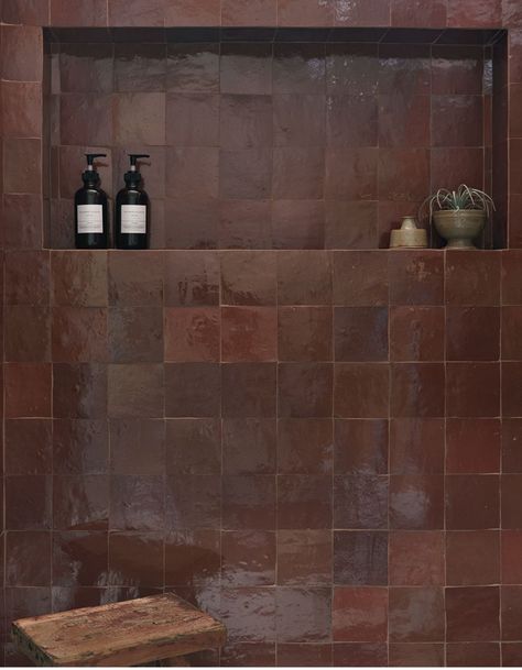 Bathroom With Double Shower Heads, Burgundy Shower Tile, Bathroom Interior Inspiration, Brown Accent Bathroom, Black Neutral Bathroom, Moody Eclectic Bathroom, Moody Rustic Bathroom, Colored Tile Bathroom, Chocolate Brown Bathroom