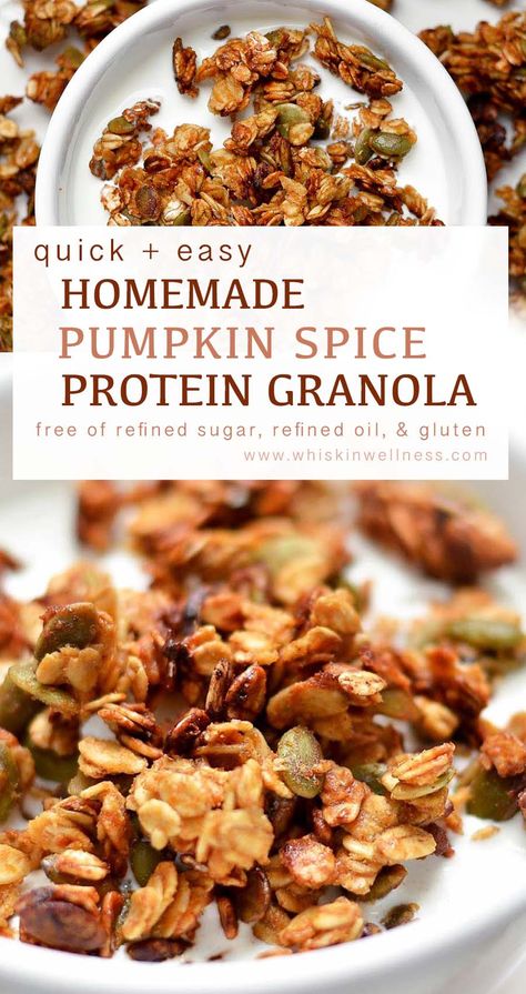 Pumpkin Spice Protein Granola: gluten-free and delicious homemade granola filled with fall flavors that you'll "fall" in love with at first bite #proteingranola #pumpkingranola #pumpkinspice #homemadegranola #glutenfreebreakfast Pumpkin Granola Recipe Healthy, Homemade Pumpkin Spice Granola, Homemade Pumpkin Granola, Pumpkin Granola Bites, Homemade Fall Granola, But Free Granola, Pumpkin Spice Granola Healthy, Healthy Pumpkin Granola, Pumpkin Seed Granola Bars