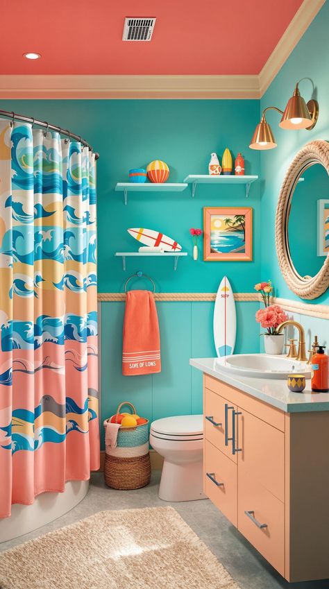 Coastal Bathroom Ideas Colorful Tropical Bathroom, Kids Ocean Bathroom, Coastal Bathroom Mirrors, Ocean Bathroom Ideas, Beachy Bathroom Decor, Surf Bathroom, Pool Bathroom Ideas, Beach Bathroom Ideas, Kids Bathroom Themes