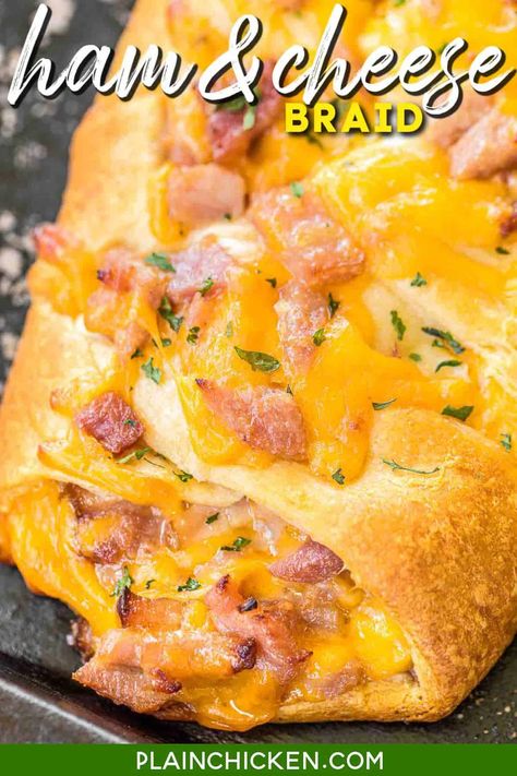 Ham & Cheese Braid - Only 4 ingredients! Great way to use up leftover holiday ham. Crescent rolls, ham, cheddar cheese, and honey mustard dressing. Ready in under 30 minutes. Everyone LOVES this easy stuffed bread recipe!! #crescentrolls #ham #cheese #sandwich Ham And Cheese Bread, Ham Dinner Recipes, Ham Recipes Crockpot, Ham Dishes, Ham Recipes Baked, Ham Dinner, Stuffed Bread, Leftover Ham Recipes, Canned Ham