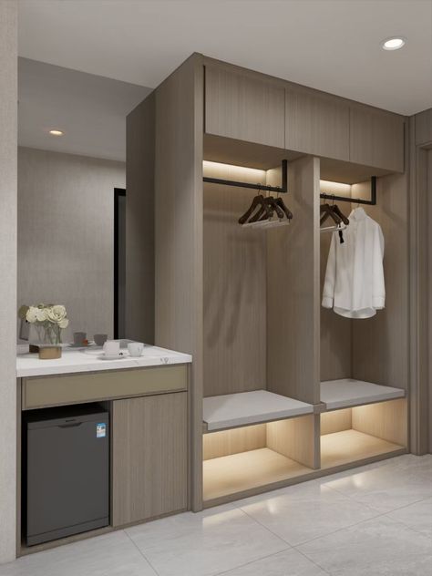 Wardrobe without doors in hotel guestroom Wardrobe Design For Hotel Room, Hotel Room Closet Design, Hotel Room Cupboard Design, Hotel Room Furniture Design, Hotel Closet Wardrobes, Hotel Cabinet Design, Hotel Wardrobe Design Closet, Hotel Room Wardrobe Design, Hotel Closet Design