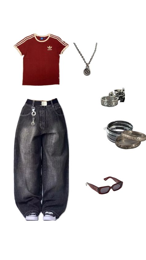 #adidas #red #baggy #jeans #grey #washed #silver #bangle #sunglasses #jewellery #belt #outfit #fashion #2024 Basic Streetwear Outfit, Shuffles Outfits, Streetwear Basics, Acubi Style, Basic Streetwear, Simple Style Outfits, Casual School Outfits, Cute Everyday Outfits, Sporty Outfits