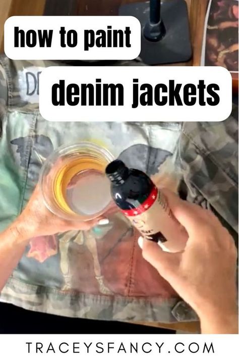 DIY Denim Jean Jacket. I use chalk paint and a waxt so seal. The painted fabric can be worn as soon as its dry. Go check out the blog #traceysfancy #paintedenim DIY Painted Jean Jacket Upcycling, Pai, Painting On Denim, Denim Jacket Diy Paint, Paint Denim, Jean Jacket Design, Painted Jean Jacket, Jean Jacket Diy, Upcycled Denim Jacket