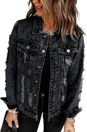 Necooer Women's Jean Jacket Distressed Washed Button Up Boyfriend Denim Jacket Coat With Pockets Workout Jackets, Boyfriend Jean Jacket, Long Sleeve Jean Jacket, Boyfriend Denim Jacket, Black Jean Jacket, Oversized Jean Jacket, Distressed Jean Jacket, Jean Vintage, Denim Coat Jacket