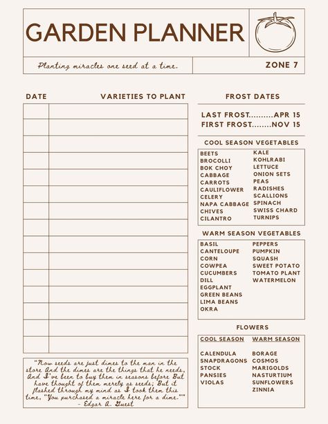 A minimalist garden planner with helpful lists such as first and last frost dates. A list of cool and warm seasons vegetables as well as flowers. A helpful notetaking area is found on the back of the planner for all your garden visions and info dumping. Happy Gardening!! Planting Calendar Zone 7, Info Dumping, Garden Journal Ideas, Garden Binder, Garden Planner Journal, Gardening Journal Printables, Garden Journaling, Homestead Garden Layout, Gardening Planner