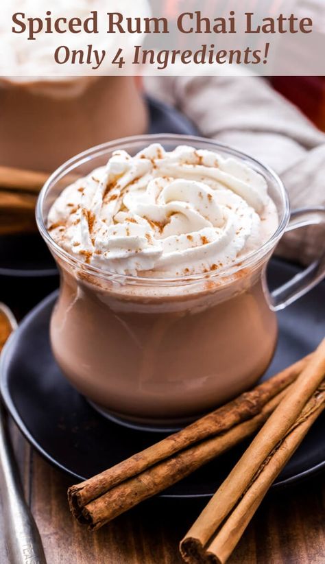 This Spiced Rum Chai Latte is the most delicious and cozy cocktail for a cold night. Enjoy one next to the fire or make a big batch to serve at your holiday party this year! #chailatte #rum #cocktail #drink #chai #spicedrum #thanksgiving #christmas #holidaycocktail Chai Rum Cocktail, Spiced Chai Cocktail, Cozy Alcoholic Drinks, Recipes With Spiced Rum, Chai Alcoholic Drinks, Spiced Rum Recipes, Spiced Rum Drinks, Spiced Rum Cocktails, Recipe Runner