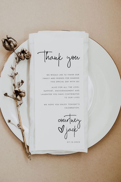 Modern Wedding Table Thank You Card Template, Minimal Printable Thank You Cards, Calligraphy, Script, Instant Download, Templett, CRTNY - Etsy UK Engagement Party Thank You Cards Wording, Wedding Gift Thank You, Thank You Table Decorations, Table Card Wedding, Name Table Wedding, Modern Wedding Reception Decor, Name Cards Wedding Table, Wedding Table Ideas Receptions, Wedding Card Table Ideas