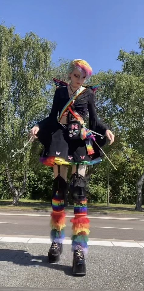 Dark Rainbow Outfit, Rainbow Grunge Outfit, Black And Rainbow Outfit, Alt Pride Outfit, Rainbow Goth Outfit, Goth Pride Outfit, Pride Day Outfits, Rainbow Goth Aesthetic, Gothic Rainbow