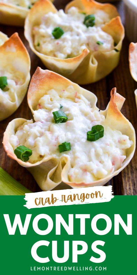 If you love crab rangoon, you'll LOVE these baked Crab Rangoon Wonton Cups! They have all the flavors of your favorite Chinese appetizer in a baked wonton cup, which means they're not only better for you, but they're so much easier to make! Recipe With Won Ton Wrappers, Crab Rangoon Baked Easy, Easy Crab Wontons, Crab Wonton Cups, Easy Crab Wonton Recipes, Baked Wonton Cups, Crab Rangoon Oven Baked, Recipe For Crab Rangoon, Baked Crab Rangoon Egg Rolls