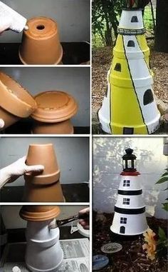 15 Flower Pot Lighthouse Projects | DIY Clay Pot Lighthouse Clay Pot Lighthouse, Lighthouse Crafts, Clay Pot Ideas, Deco Marine, Clay Pot Projects, Flower Pot People, Clay Pot People, Terra Cotta Pot Crafts, Painted Clay Pots