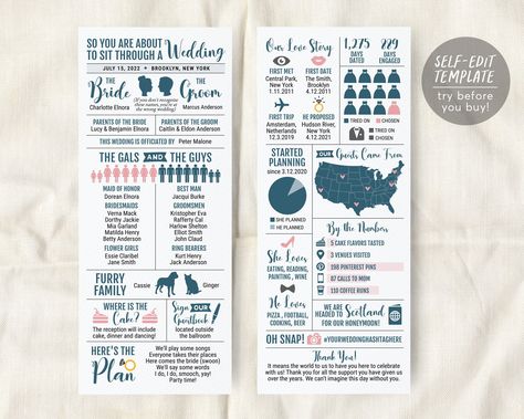 Infographic Wedding Program Editable Template, Long Reception Program, Funny Wedding Program Printable, Unique Modern Fun Ceremony Program Unique Wedding Programs Creative, Fun Wedding Program Ideas, Wedding Program Infographic, Wedding Programs Funny, Reception Program, Fun Wedding Programs, Wedding Infographic, Funny Wedding Cards, Wedding Newspaper