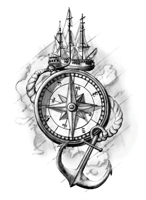 Compass Tattoo Drawing, Compas Tattoo, Nautical Compass Tattoo, Compass Drawing, Compass Rose Tattoo, Compass Art, Rose Drawing Tattoo, Anchor Tattoo Design, Compass Tattoo Design