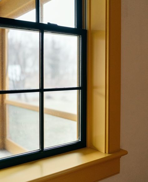 Hendricks Churchill on Instagram: “A painted dark sash with contrasting trim is our signature. With this window, Farrow and Ball’s Babouche brightens the room, bringing in a…” Colorful Window Trim, Window Trim Same Color As Wall, Dark Painted Trim, Light Walls Darker Trim, Window Trim Paint, Hendricks Churchill, Vermont House, Interior Window Trim, Blue Sash