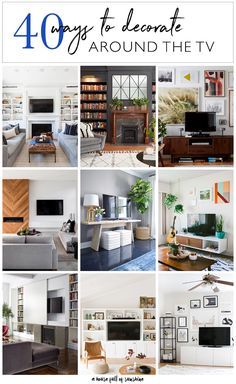 Biggest decorating challenge: decorating around the TV. Here's 40 great tips to disguise the TV, hide it altogether, or simply give it a quick style fix to make it look less intrusive. #decorating #TV Off Center Tv Wall, Decorate Around Tv On Wall, Shelf Over Tv, How To Decorate Around A Tv, Long Wall Decor, Tv Wall Shelves, Built In Wall Units, Entertainment Console Decor, Decor Around Tv