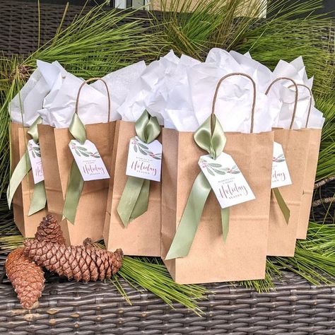 Elegant, Effortless and Festive Gifts Ready to Spread Holiday Cheer DONE FOR YOU Kraft Gift Bags Ideas, Elegant Gift Bags, Candle Gift Bag, Present Bags Ideas, How To Decorate Gift Bags, Gift Bag Wrapping Ideas, Paper Bag Christmas Gift Bags, Christmas Gift Bags Ideas, Gift Bag Decorating Ideas