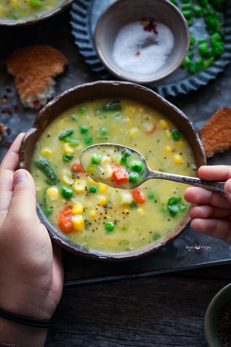 Veggie Sweet Corn Soup - Binjal's VEG Kitchen Mix Veg Soup, Soup Photography, Boil Sweet Corn, Mix Veg, Sweet Corn Soup, Veg Soup, Creamy Corn, Corn Soup, Creamy Texture