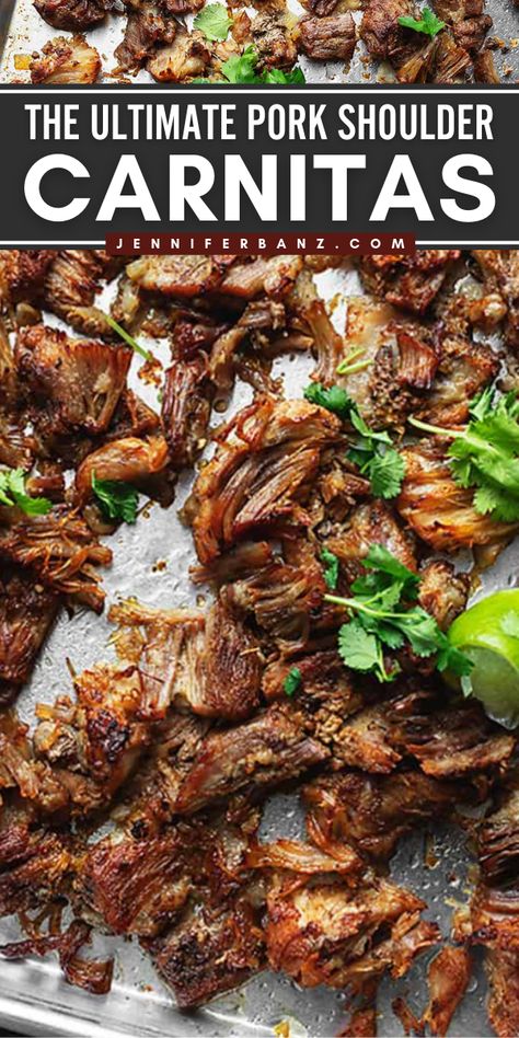 Something delicious for your Cinco de Mayo dinner party? This easy Carnitas Recipe is an amazingly juicy braised pork shoulder that's cooked until it's fall-apart tender, and shredded with spices. Can be cooked in an instant pot, slow cooker, or oven. Try it! Authentic Carnitas Recipe Crockpot, Slow Cooker Pork Shoulder Carnitas, Latin Pork Shoulder Recipes, Crockpot Recipes Pork Shoulder, Insta Pot Pork Shoulder Recipes, Small Pork Shoulder Recipes, Pork Shoulder Roast Crock Pot Mexican, Boneless Pork Shoulder Instant Pot, Pork Shoulder Carnitas Crockpot