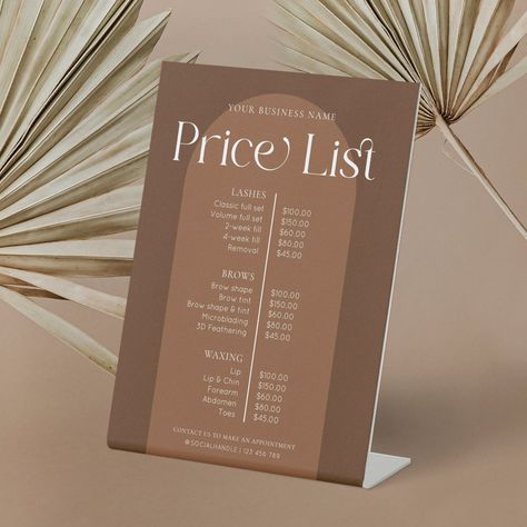 Pricelist Aesthetic Design, Terracotta Hair, Salon Products Display, Bar Makeup, Nail Salon Prices, Business Pricing, Menu Design Layout, Arch Background, Lash Bar