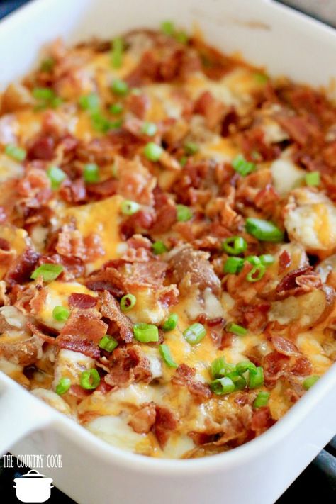 Bacon Cheese Little Potatoes in a square pan topped with bacon and sliced green onions Potato Recipes With Bacon, Chopped Bacon Recipes, Bacon Dishes Dinners, Cheddar Cheese Potatoes, Recipes With Green Onions, Bacon Cheddar Chicken And Potatoes, Crispy Cheese And Bacon Potatoes, Sliced Potatoes With Cheese And Bacon, What To Do With Bacon