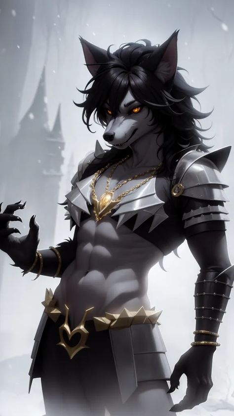 The image is of a muscular werewolf with long black hair and yellow eyes. He is wearing a silver and gold colored armor and has a chain around his neck with a golden amulet. He is standing in a snowy forest and is looking at the viewer with a fierce expression. Lycan Female Werewolves, Muscular Werewolf, Anime Muscular, Therian Wolf, Female Wizard, Wolf Cat, Fierce Expression, Female Werewolves, Wolf Shifter