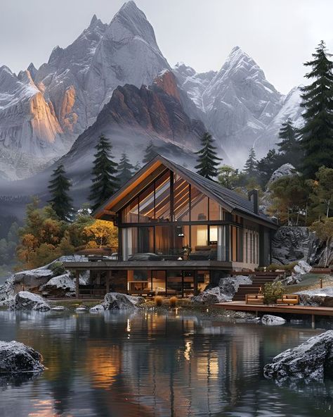 Mountain House View, Cabin Mountain View, Mansion Landscape, Mountain Cabin Exterior, Houses In The Mountains, Cabin Fashion, House Near Lake, Modern Mountain Cabin, Cabin Mansion